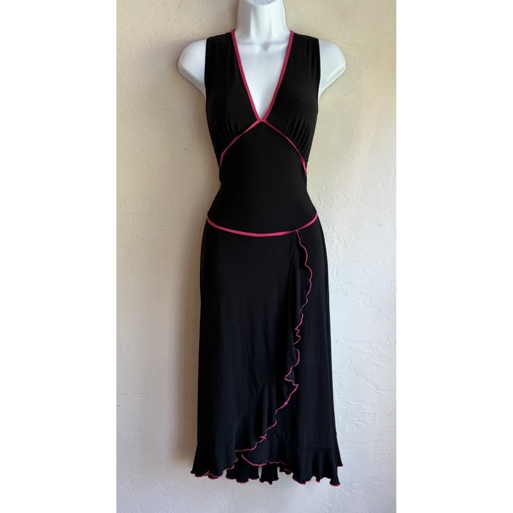 Vintage 90s Y2K Wet Seal Ruffle Midi Dress L Pink Black Goth Romantic Grunge